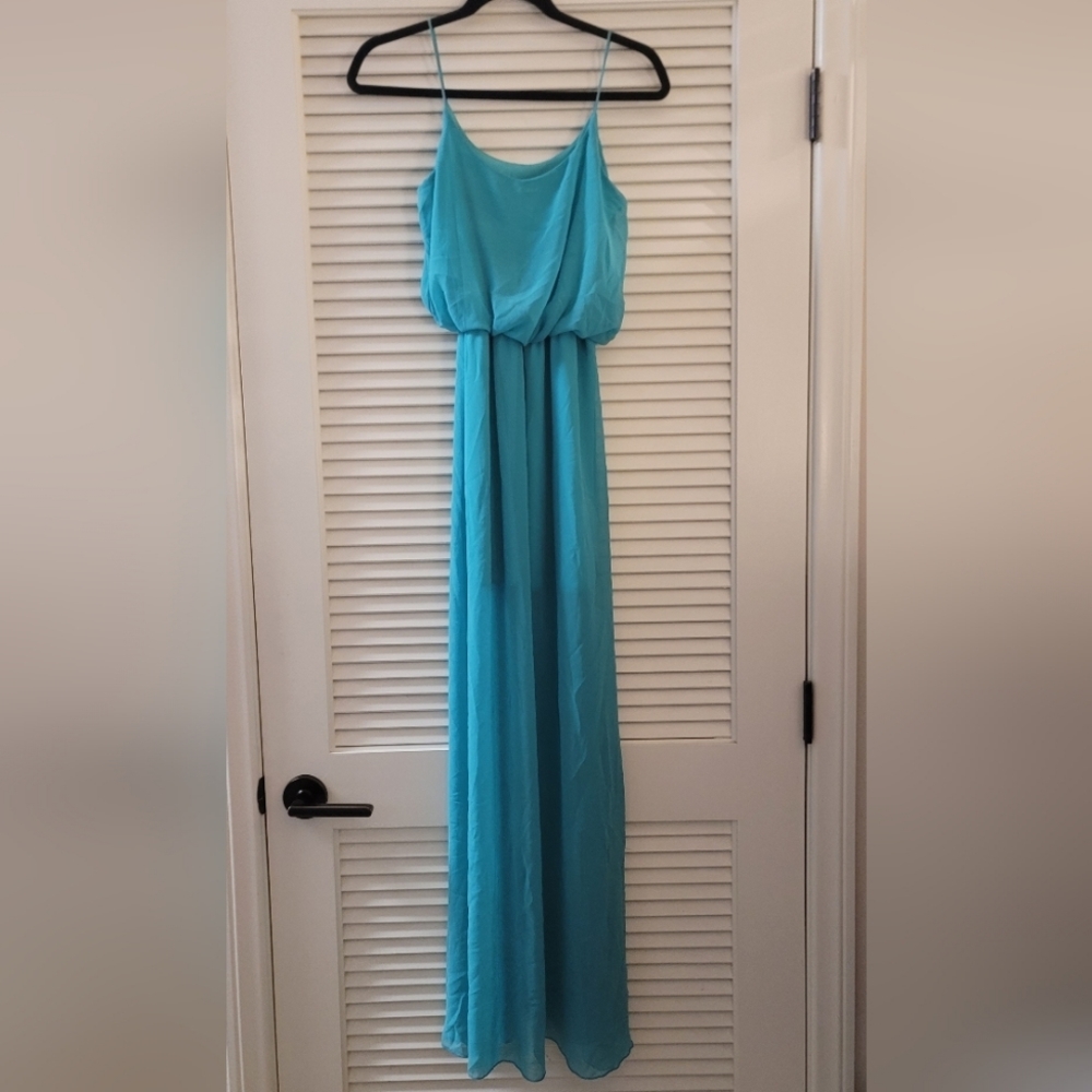 Turquoise Maxi Long Lightweight Sheer Dress W Short Lining & Spaghetti Straps